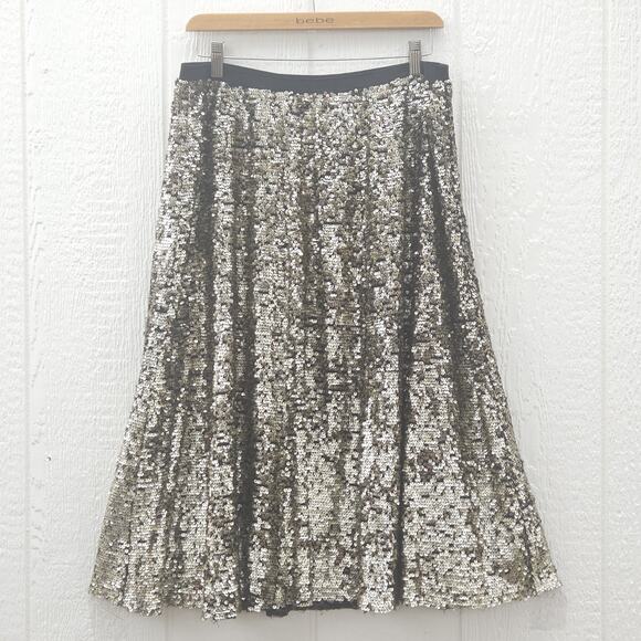 Anthropologie Maeve Midi Skirt L Gold Sequin Pull On Flowy Party Christmas Glam - Picture 2 of 10